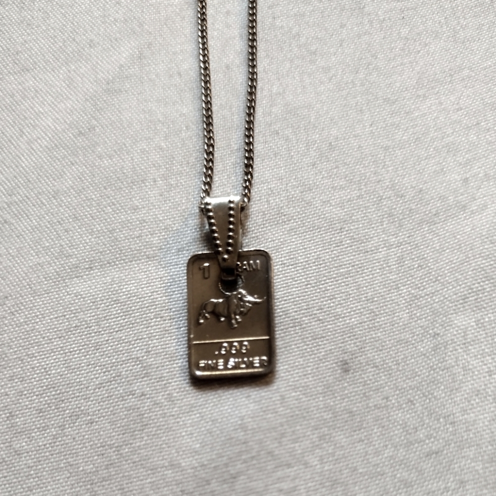 999 1 gram silver bar charm on silver tone necklace